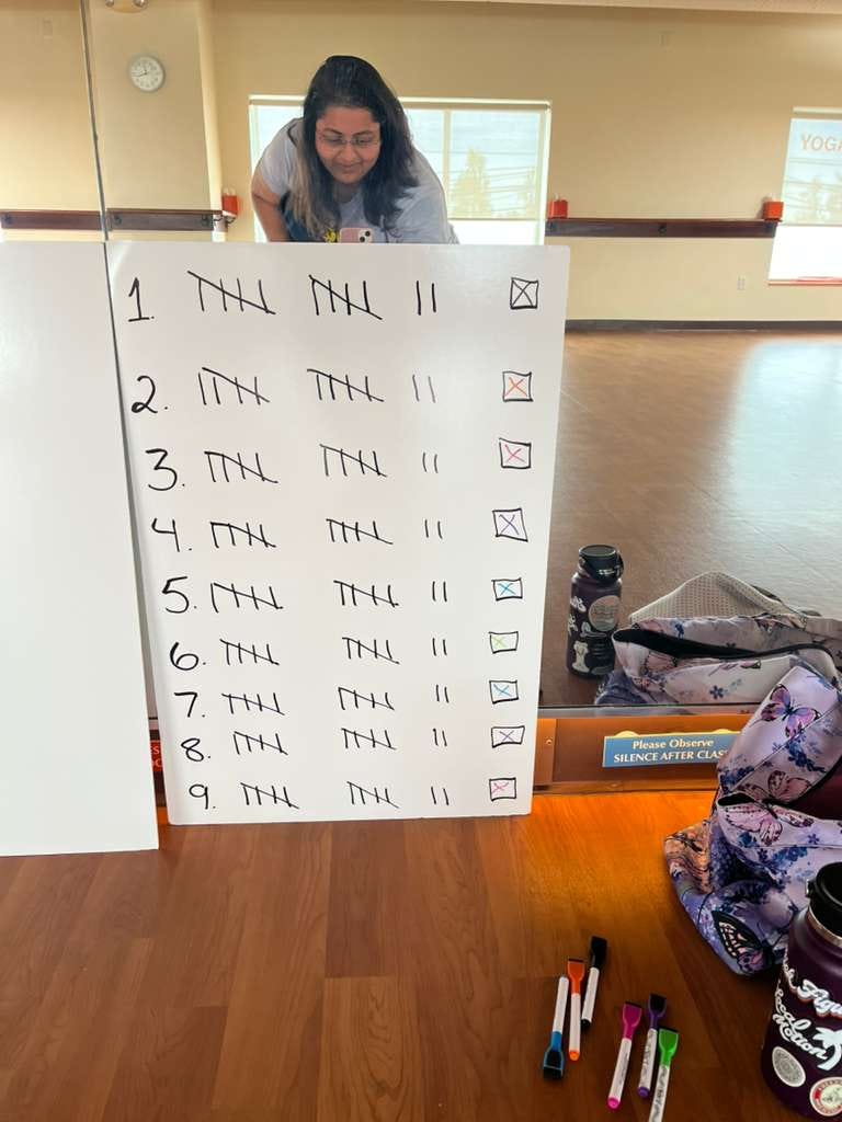 Tally marks showing 9 rows of 12 rounds equaling 108 sun salutations